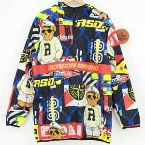 Reason Brand Mens 2XL Multi Color‎ Graphic Bear Half Zip Windbreaker Jacket NWT